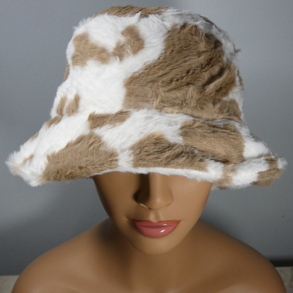 Cute! Stylish SOFT Warm Faux Fur Print Bucket Hat White with Brown Cow Pattern